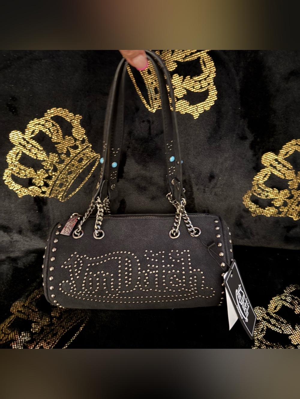 NWT Von Dutch Black Long Barrel Studded Shoulder Bag